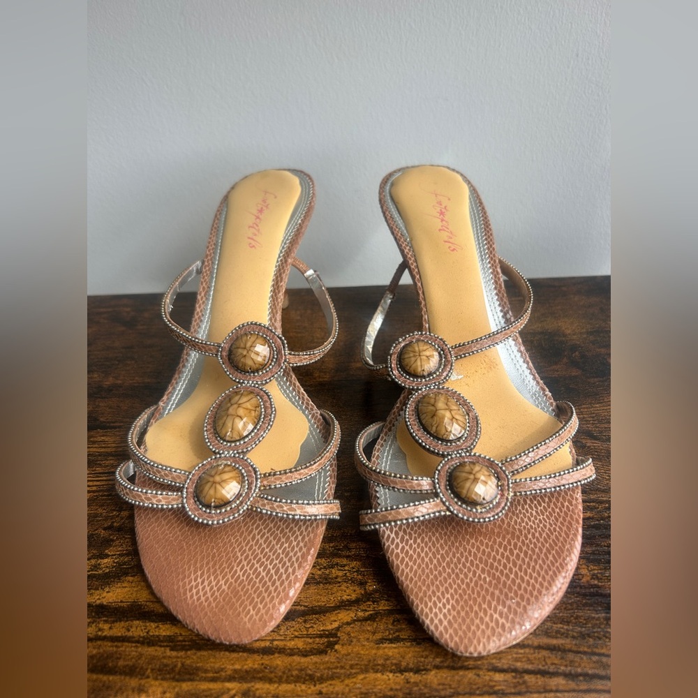 A. Marinelli Embellished Kitten Heel Sandals Brown Snake Texture Size 10